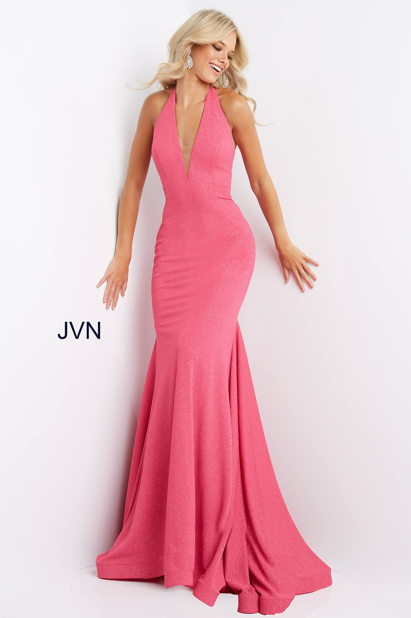 JVN04223 Hot Pink Stretch Backless Long Prom Dress